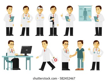 Medicine people character set in flat style isolated on white background. Practitioner young doctor man in different poses and situations. Medical staff