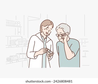 
medicina, farmacéutica, cuidado de la salud y concepto de la gente - farmacéutico feliz y cliente hombre mayor con medicamentos y receta en farmacia. Ilustraciones de diseño vectorial de estilo dibujado a mano.