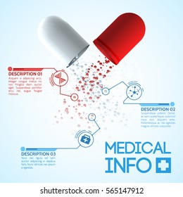 Medicine and pharmaceutics info poster with healthcare symbols realistic vector illustration