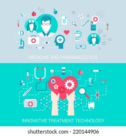 Medicine Pharmaceutics Modern Technology Treatment Concept Flat Icons Set Of  Process Collage And Vector Web Banners Illustration Print Materials Website Click Infographics Elements Collection