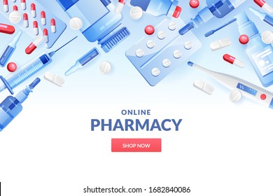 Medicine and pharmacy abstract background in blue and white colors. Drugstore banner or poster design template with pills, drugs, medical bottles. Vector modern gradient illustration.