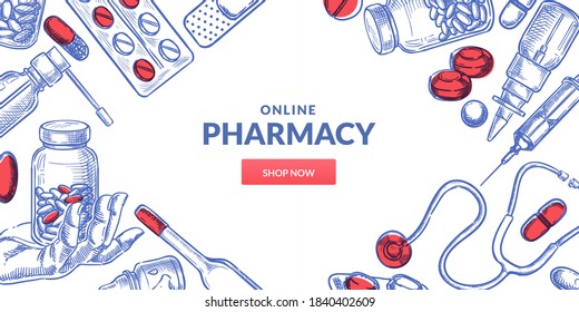 Medicine and pharmacy abstract frame background. Drugstore poster or banner design template with pills, drugs, medical bottles. Vector hand drawn sketch illustration