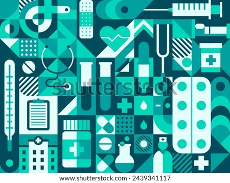 Medicine or pharmacy abstract geometric pattern. Corporate identity geometrical shape background or medicine presentation retro vector pattern with thermometer, stethoscope, lab flask and pills