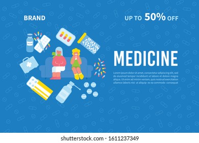 Medicine pharmacy banner with solid background editable text and flat images of people and pharmaceutical drugs vector illustration