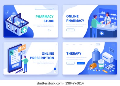 Medicine  and pharmacy banners templates. Can use for backgrounds, infographics, hero images. Flat isometric modern vector illustration.