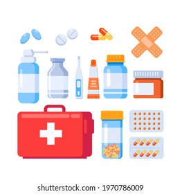 Medicine, pharmacy concept. Drugs, first aid, medication set of icons. Vector illustration. Website landing page graphic