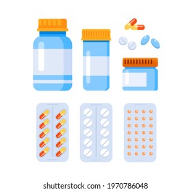 Medicine, pharmacy concept. Drugs, vaccine, medication set of icons. Vector illustration. Website landing page graphic