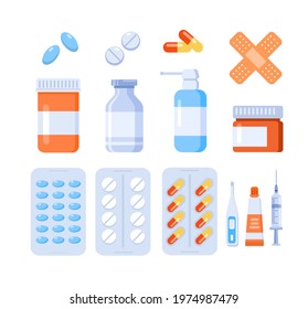 Medicine, pharmacy concept. Drugs, vaccine, medication set of icons. Vector illustration. Website landing page graphic