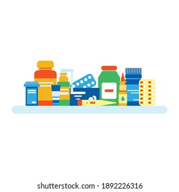 Medicine, pharmacy concept. Medical syrup, nose spray, throat spray, pills, capsules. Medical bottles, tubes and pills. Health care and medical illness treatment flat  vector illustration