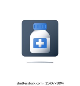 Medicine and pharmacy concept, white bottle with blue cross, medical services, health care insurance, treatment medication, antibiotic prescription, vector icon, flat illustration