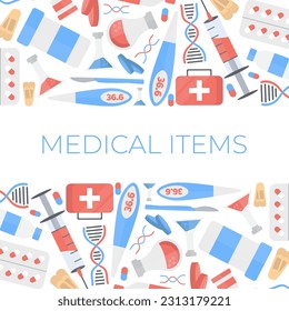 Medizin, Apotheke, Ärztekit, Hintergrund. Erste Hilfe Kit, Glas, Spritze, Thermometer, Tabletten, Teströhren, medizinische Symbole. Vektorgrafik einfache, flache Elemente.