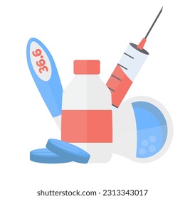 medicine, pharmacy, doctors kit items. jars, syringe, thermometer, tablets, test tubes, medical icons. vector cartoon simple flat medecine items.