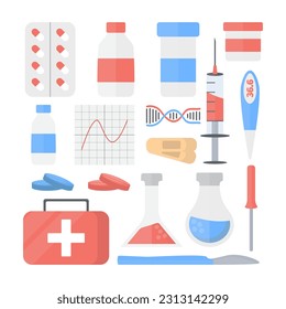 medicine, pharmacy, doctors kit, set of isolated objects. first aid kit, jars, syringe, thermometer, tablets, test tubes, medical icons. vector cartoon simple flat medecine items.