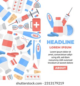 medicine, pharmacy, doctors kit, vertical banner. first aid kit, jars, syringe, thermometer, tablets, test tubes, medical icons. vector cartoon simple flat medecine items.