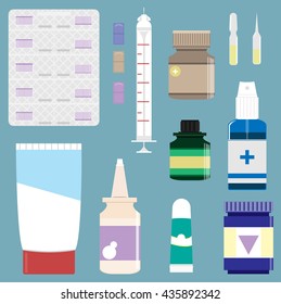 Medicine Pharmacy drug store cure health care medical prescription medicine chest first aid kit medicine medicament. Tablet pill drop. Bottles collection of drugs, tablets, capsules and sprays.