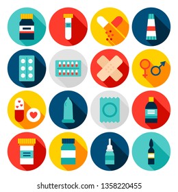 Medicine Pharmacy Flat Icons. Vector Illustration. Set of Circle Health Items with Long Shadow.