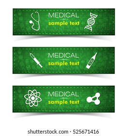 Medicine and pharmacy horizontal banners set with medical treatment symbols flat isolated vector illustration