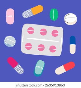 Medicine, pharmacy, hospital. Colorful capsules, tablets and medicine drugs. Pills medical healthcare pharmacy concept. Vector illustrations