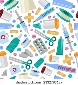 Medicine, pharmacy, hospital items pattern. bottles syringes flasks bandages medicines, cartoon medical instruments collection. cartoon vector set isolated items.