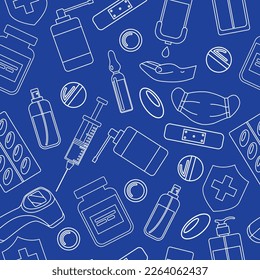 Medicine, pharmacy, hospital seamless pattern drugs, pills, syringe, hand sanitizer outline, line art. Medication, pharmaceutics, illness, health concept. Vector illustration isolated on background