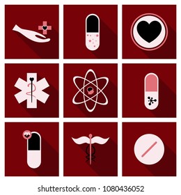 Medicine, pharmacy, hospital set of drugs with labels. Medication, pharmaceutics concept. Vector illustration