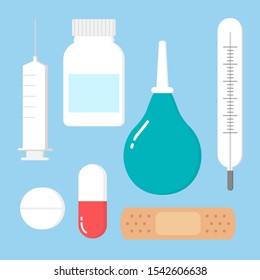 Medicine, pharmacy, hospital set of drugs with labels. Medication, pharmaceutics concept.