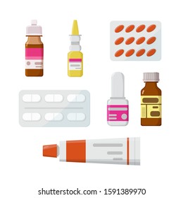 Medicine, pharmacy, hospital set of drugs. Pills, capsules, ointment, tincture,  drops, spray. The concept of pharmaceutics and medication. Isolated on white. Flat style, vector illustration.