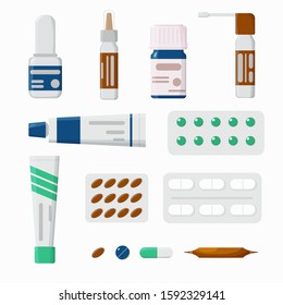 Medicine, pharmacy, hospital, set of drugs. Tablets, capsules, ointments, ampoule, drops, spray. The concept of pharmaceuticals and drugs. Isolated on white. Flat style, vector illustration.