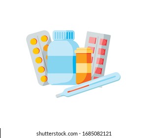  Medicine, pharmacy, hospital set of drugs with labels. Medication, pharmaceutics concept. Vector illustration. Various meds. Pills, capsules blisters, glass bottles with liquid medicine & plastic tub