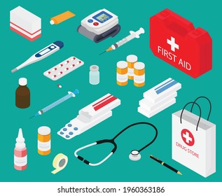 Medicine, pharmacy, hospital set of drugs with labels. Medication, pharmaceutics concept. Vector illustration