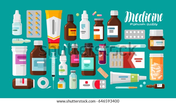 Medicine,\
pharmacy, hospital set of drugs with labels. Medication,\
pharmaceutics concept. Vector\
illustration