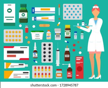 Medicine, pharmacy, hospital set of medicines in various forms. Medication, pharmaceutics concept. Nurse and medicines. Set of tablets, blister, spray, syrup, syringe, injection for sickness treatment