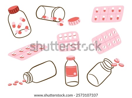 Medicine and Pharmacy Icon Set. A collection of nine illustrated medicine-themed designs, including bottles, capsules, tablets, and blister packs. Perfect for healthcare, and educational projects