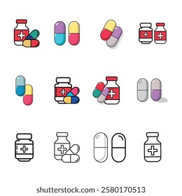 Medicine and pharmacy icons, capsule, pill, tablet vector designs, outline, line, filled pictograms, and healthcare symbol sets.