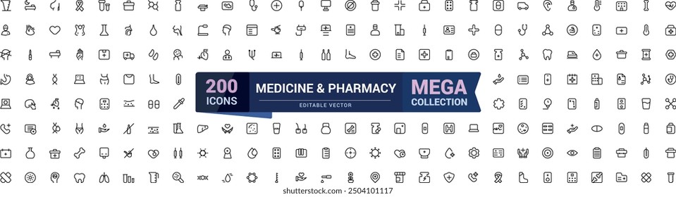 Medicine and Pharmacy icons in line style. Medicine, check up, doctor, pharmacy icon collection. Vector illustration.