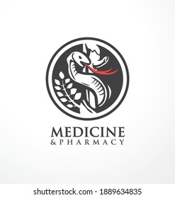 Medicine and pharmacy logo design idea with Aesculapius staff and snake. Medical and apothecary symbol or sign idea. Round vector icon for health care business.