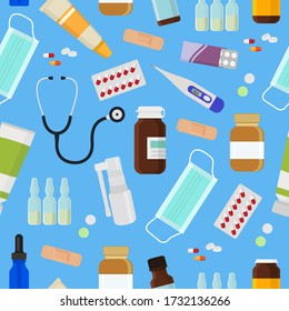 Medicine. Pharmacy. Medicines. Pattern. Seamless background. Vector illustration with infinitely repeating elements