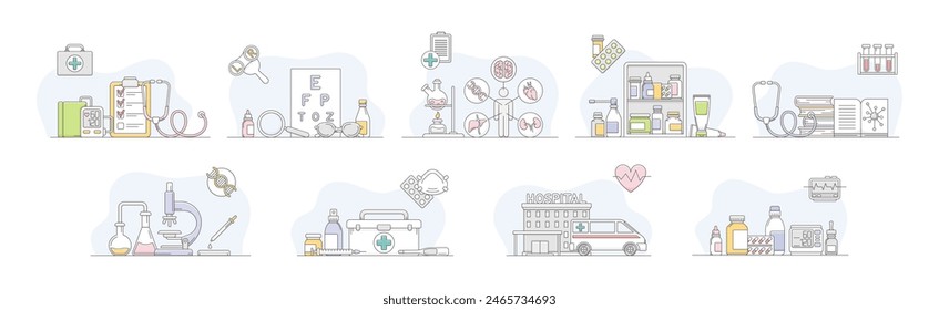 Medicine and Pharmacy Object and Medicament Line Vector Set