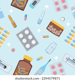 Medicine and pharmacy seamless pattern with pills, capsules, ampoule, tubes. Vector background in flat style.