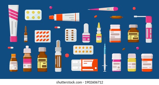 Medicine, pharmacy set of drugs. Tablets, capsules-blisters, ointments, glass vials with liquid medicine, ampoules, thermometer, sprays. Concept of pharmaceuticals and drugs. Flat style, vector.