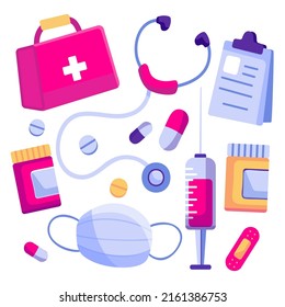 medicine pharmacy set in first aid with isolated, medical products pharmaceutical drugs and pills, vector illustration