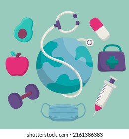 medicine pharmacy set with isolated, medical products pharmaceutical drugs and pills, and healthy set around the world, vector illustration