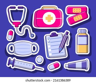 Medicine Pharmacy Set With Isolated, Medical Products Pharmaceutical Drugs, Pills And Equipment In First Aid, Vector Illustration