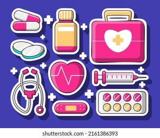 medicine pharmacy set with isolated, medical products pharmaceutical drugs, pills and equipment in first aid, vector illustration