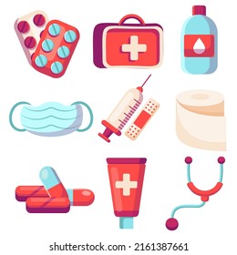 medicine pharmacy set with isolated, medical products pharmaceutical drugs and pills, vector illustration