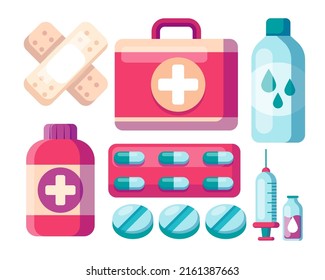 medicine pharmacy set with isolated, medical products pharmaceutical drugs and pills, vector illustration