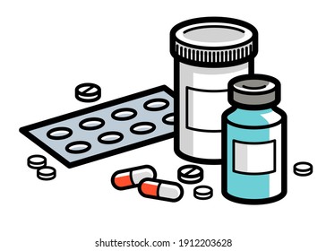 Medicine pharmacy theme medical bottles 3d vector illustration isolated, medicaments and drugs, health care meds cartoon, vitamins or antibiotics, simple linear design.