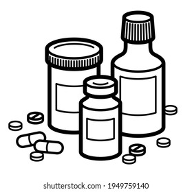 Medicine pharmacy theme medical bottles 3d vector illustration isolated, medicaments and drugs, health care meds cartoon, vitamins or antibiotics, simple linear design.