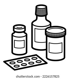 Medicina farmacia temática botellas médicas 3d ilustración vectorial aislada, medicamentos y medicamentos, dibujos animados de medicamentos para la atención de la salud, vitaminas o antibióticos, diseño lineal simple.