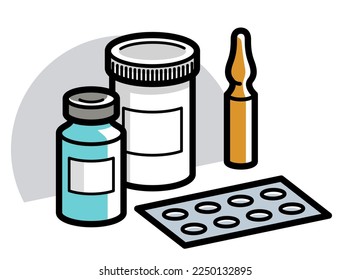 Medicina farmacia temática píldoras de botellas médicas y ampulas 3d ilustración vectorial aislada, medicamentos y medicamentos, dibujos animados de medicamentos para la atención de la salud, vitaminas o antibióticos, diseño lineal simple.